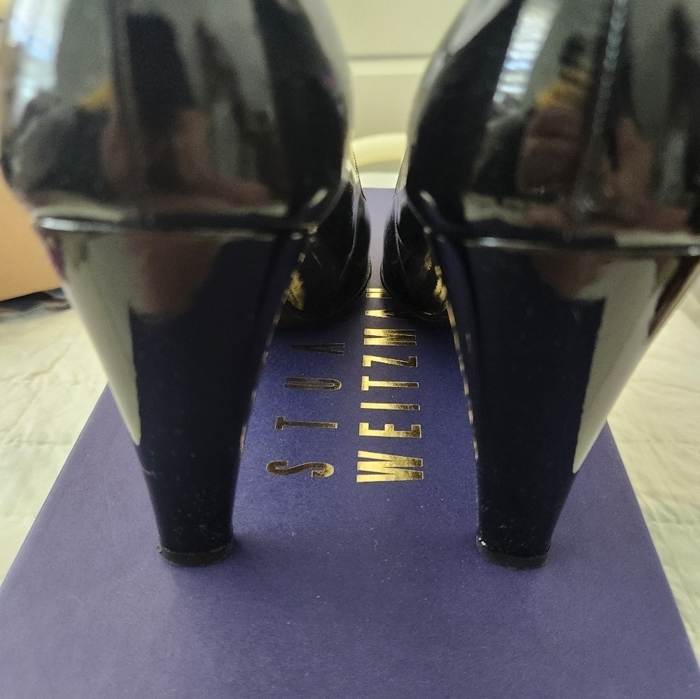 Stuart Weitzman Womens Patent Leather Peep Toe Pumps Black Size 9 Me… - Picture 5 of 7
